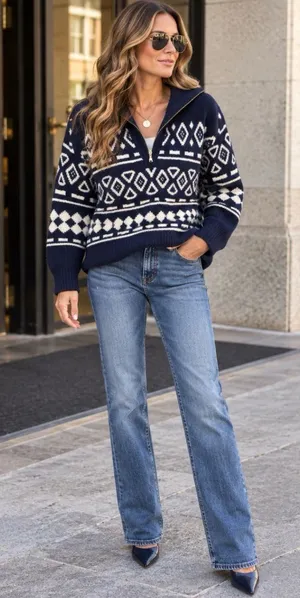 J. Crew Wool Blend Navy and White Fair Isle Half-Zip Sweater thumbnail 1