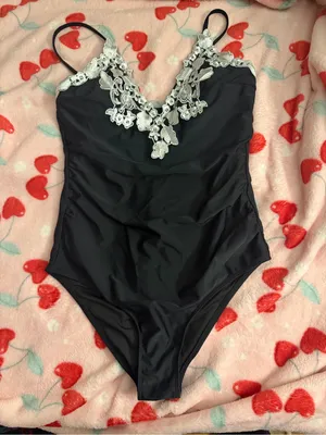 Women’s Size Medium Black One Piece Swimsuit White Lace Floral Embroidered thumbnail 3