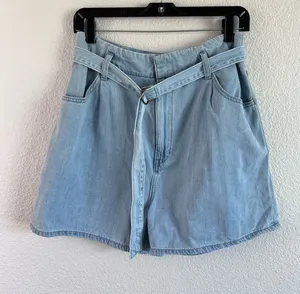 Uniqlo Women's High Rise Belted Baggy Paperbag Denim Shorts Light Blue Wash thumbnail 1