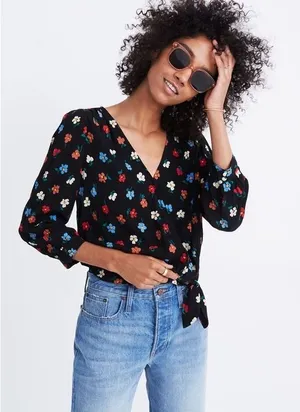 Madewell Womens Floral Wrap Side Tie Top Black‎ Multi Color Viscose Size M thumbnail 1