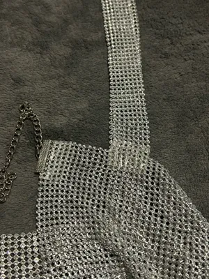 SheIn NWOT Rhinestone Detail Metallic Open Back Silver Top thumbnail 9