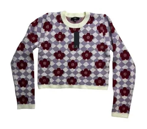 Lulus Floral‎ Checkerboard Sweater Long Sleeve Crewneck Ivory Lilac M New thumbnail 1