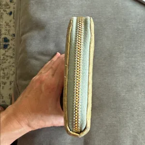 Miu Miu Metallic Gold Croc-Embossed Wallet with light blue interior. thumbnail 7