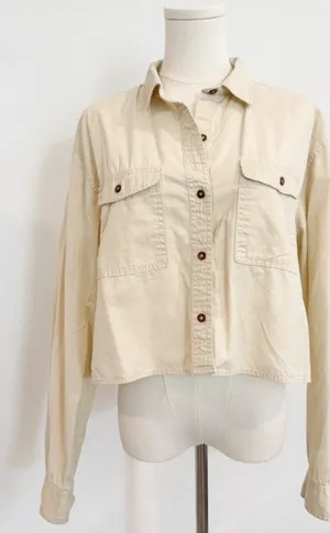 Forever 21 Shacket Size Large L Beige Cropped Button Front Top Pocket Minimalist thumbnail 1