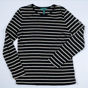 Lauren‎ Ralph Lauren Top Womens Large Black Gold Metallic Striped Long Sleeve L thumbnail 1
