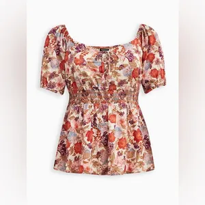Torrid Harvest Floral Georgette Eyelet Smocked Waist Puff Sleeve Top - size 1 thumbnail 14