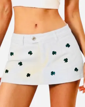 NWOT White Denim Skort Skirt Shamrocks Irish Low Rise S Lucky thumbnail 1
