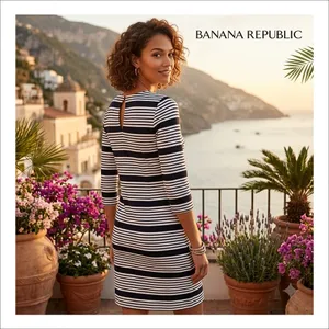 Banana Republic Womens 3/4 Sleeve Navy White Striped Ottoman‎ Rib Sheath Dress 2 thumbnail 2