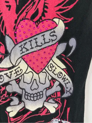 VINTAGE Y2K Ed Hardy AOP Embellished Love Kills Slowly Skull Butterfly Tee thumbnail 8