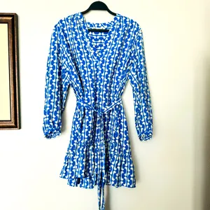 Zara Paula Blue/White Geometric Long Sleeve Mini Swing Dress Size Medium thumbnail 12