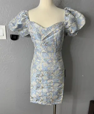 Lulus Cutest Praise Light Blue Floral Jacquard Puff Sleeve Mini Dress, M thumbnail 1