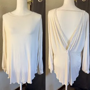 Free People Ivory Twist Back Ribbed Long Sleeve Top XS Oversized Boho‎ thumbnail 2