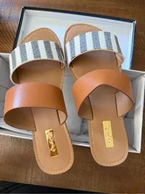 Striped Canvas & Tan Slide Sandals - Women thumbnail 1