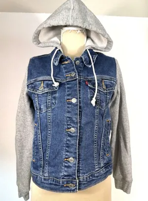 Levi's Hybrid Original Denim Sweatshirt Hoodie Trucker Jacket Medium Blue Gray thumbnail 1