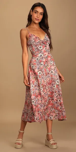 NWT Lulus Ties With You Rose Pink Floral Print Tie-Back Midi Dress Resort Sz XS thumbnail 1