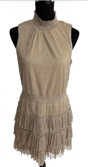 Express Metallic Gold Ruffled Mini Dress thumbnail 1