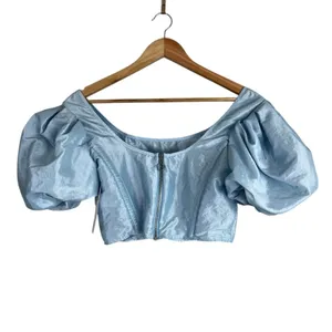 NWT Topshop Corset Puff Sleeve Solid Crop Top Blue Regencycore Shimmer Size 6 thumbnail 4