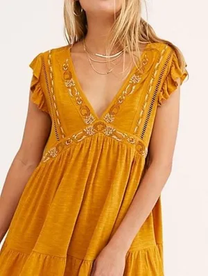 Free People Boho Yellow Embroidered Flowy Ruffle Top Blouse Oversized Size S thumbnail 1