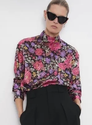 ZARA MULTICOLOURED FLORAL PRINT RELAXED FIT BLOUSE SIZE XS see measurements thumbnail 1