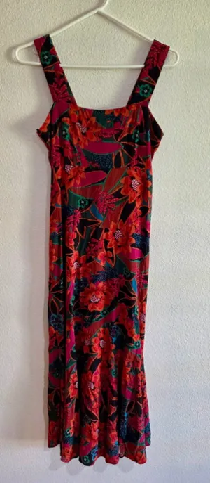 MSK Bold Tropical Floral Square Neck Smocked Maxi Dress Coral Red Small W-272 thumbnail 1