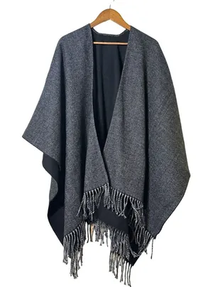 Terra Di Siena Grey and Black Shawl Open Front Wrap with Fringe One Size thumbnail 1