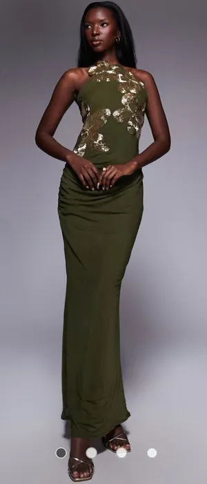 ASOS DESIGN halterneck maxi dress with 3D floral embellishment in olive green thumbnail 1