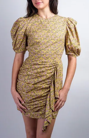 Aureum Ruched Sash Mini Dress Size XS Yellow Floral Cottage Feminine Prairie‎ thumbnail 1