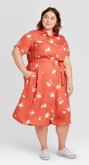 AVA & VIV Plus Size Orange Floral Dress Midi Belted‎ Pockets 1X thumbnail 1