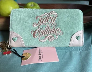 Juicy Couture Sugar Rush Large Zip Around Wallet Frosty Green Terry Cherry Charm thumbnail 1