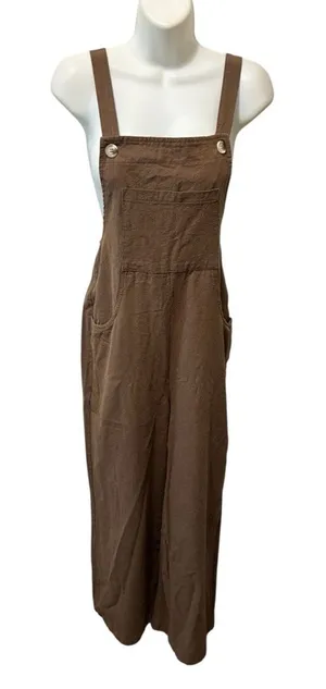 Boutique Cotton Baggy Relaxed Overall Brown Sz S Pockets Button Strap Wide Leg thumbnail 1