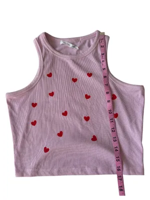 Altar'd State Pink Ribbed Crop Tank Top with an allover red heart pattern. thumbnail 4
