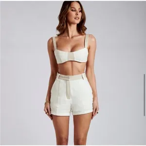 Meshki Yalda Beige Linen Colorblock Sleeveless Bustier Scoop Neck Crop Top Sz S thumbnail 3