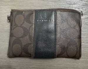 Coach Brown Signature Zip Pouch with Black Center Stripe thumbnail 1
