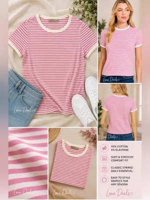 ZENANA Striped Ribbed Crewneck T - Shirt Women’s Candy Pink Sz Small Cotton thumbnail 2