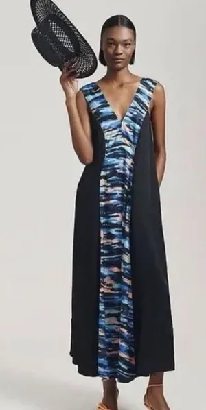 Maeve Anthropologie Tie Dye Watercolor‎ Black Blue Maxi Artsy Tank Flowy Dress thumbnail 1
