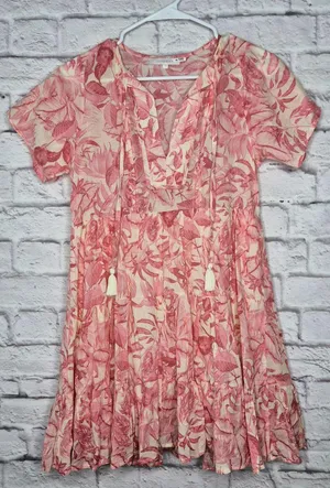 OLIVACEOUS Pink Tropical Toile Floral Tiered Mini Dress Cotton Tassel Boho Med. thumbnail 1