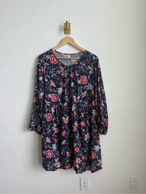 Old Navy Navy Floral Peasant Dress Women's Large Boho Keyhole Rayon Mini thumbnail 2