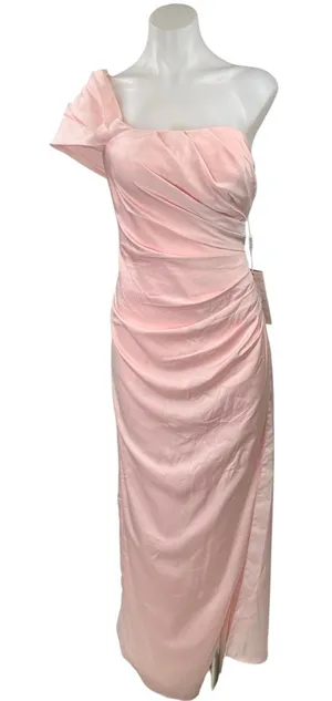 NEW Stacees Pink One Shoulder Drapey Square Neck Maxi Wedding Dress Size 6 thumbnail 1