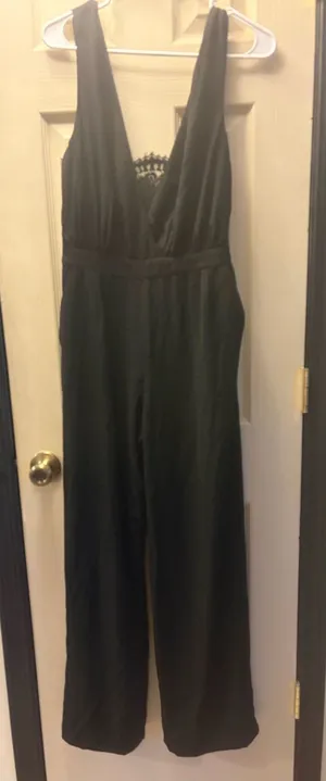Lulu's Black Deep V-Neck Wide-Leg Lace Back Jumpsuit with Pockets medium thumbnail 1