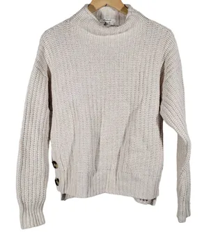 Madewell Women S Beige Chunky Knit‎ Mock Neck Button Side Wool Cotton Sweater thumbnail 1