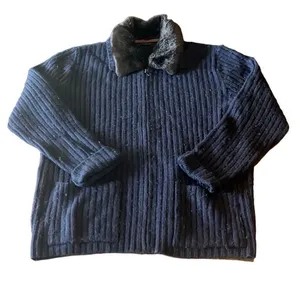 Roberto Collina Large Navy Rib Knit‎ Zip Up Sweater Removable Fur Collar Grandma thumbnail 1