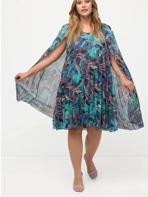 Ulla Popken Size-20/22-Tropical Cape Floral Pleated Chiffon Dress‎ Teal thumbnail 1