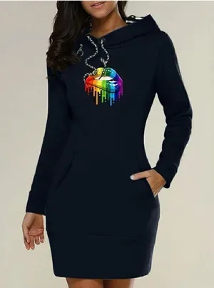MAGICMK Women Long Sleeve Print Lips Slim Fitted Knee Length Sweatshirt with Poc thumbnail 1