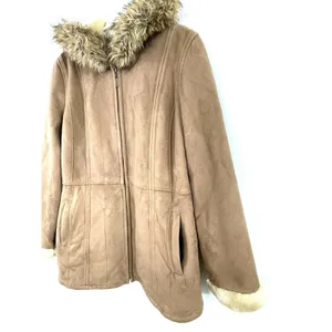 Gallery Women’s Jacket Faux Suede Leather Faux Fur Beige Size Large Hooded thumbnail 2