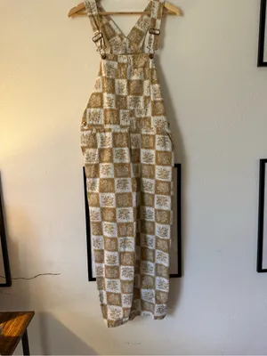 Brixton Cream and Tan Checker Cropped Overalls thumbnail 2