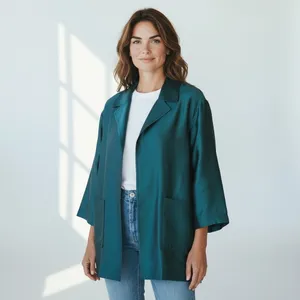 ST. JOHN COUTURE Sharkskin Silk Wool Blend Teal Open Front Jacket Blazer Size 8 thumbnail 14