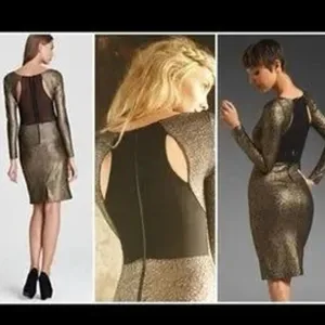Alice and Olivia Gold Metallic Bodycon Midi Cocktail Party Dress thumbnail 3