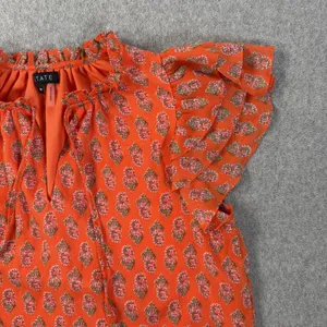 1.STATE Women's Medium Orange Floral Ruffle Flutter Sleeve V-Neck Blouse Top thumbnail 2