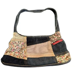 Denim Blues Boho Denim Patchwork Purse/Bag/Corduroy Floral Zip Top 12X7 Hobo thumbnail 1