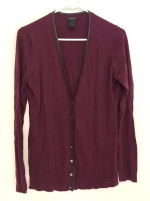 ANN TAYLOR Plum Purple Vegan Faux Leather Trim Button Down Cardigan Sweater M thumbnail 1